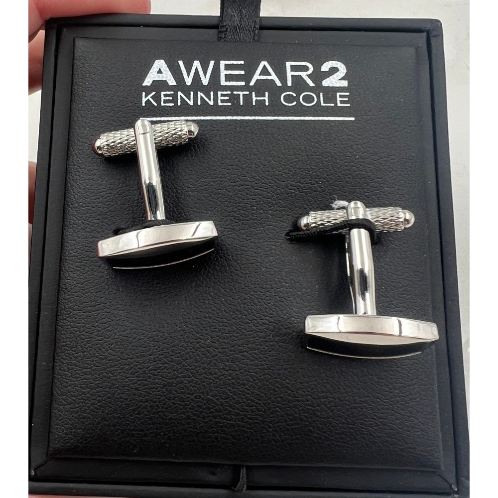 AWEAR2 Kenneth Cole Cufflinks Men's Silver Tone Black Rectangle NIB